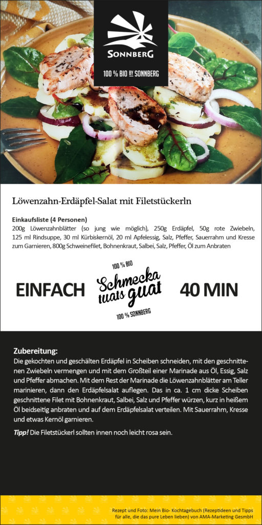 Sonnberg Biofleisch Rezepttipp Löwenzahn Erdäpfel Salat mit Filetstückerln